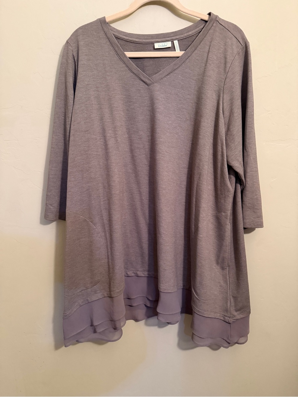 LOGO Lounge by Lori Goldstein 2X Taupe V-Neck Tunic Top Layered Hem Pockets